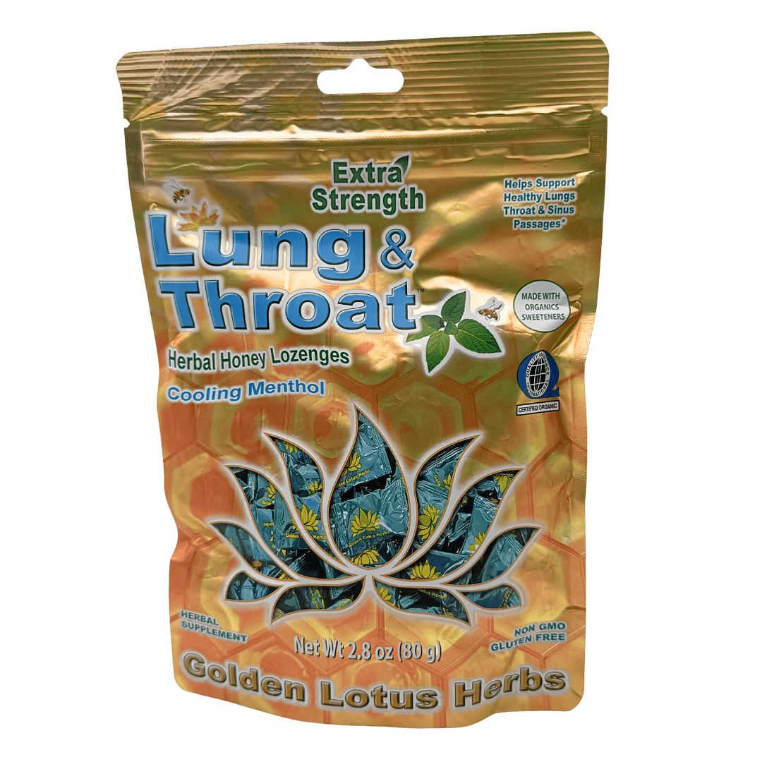 Extra Strength Golden Lotus Throat Lozenges with natural herbs like Licorice Root and Honeysuckle Flower for powerful sore throat relief and respiratory health support.