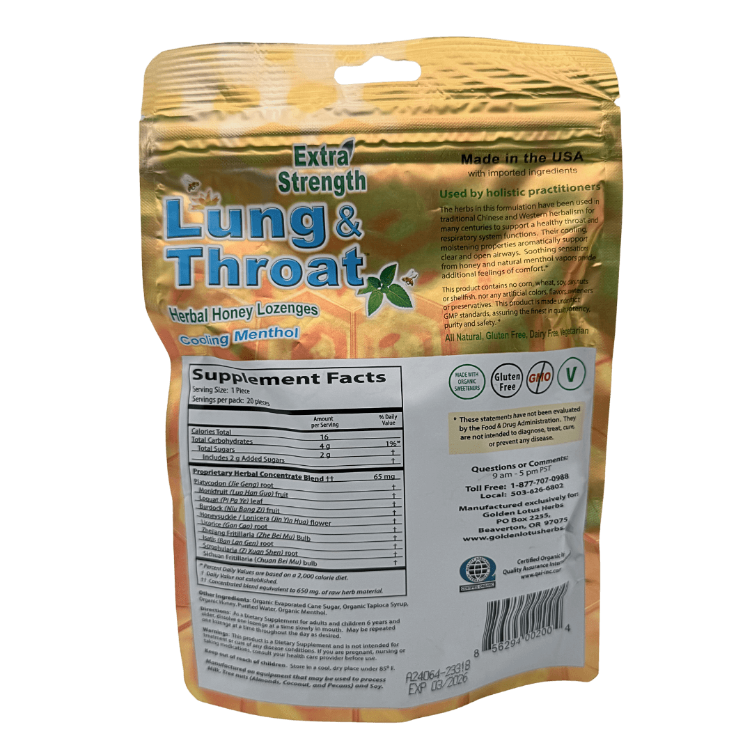 Back of the Golden Lotus Extra Strength Lung & Throat Lozenges packaging, featuring supplement facts, ingredient list, and product details for natural sore throat and respiratory support.