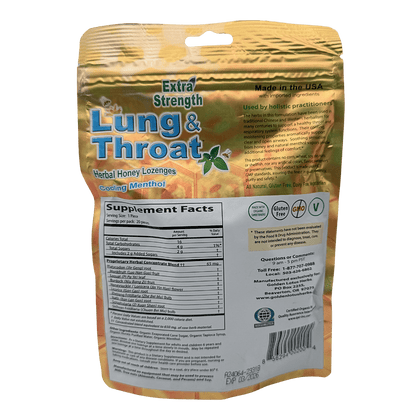 Back of the Golden Lotus Extra Strength Lung & Throat Lozenges packaging, featuring supplement facts, ingredient list, and product details for natural sore throat and respiratory support.