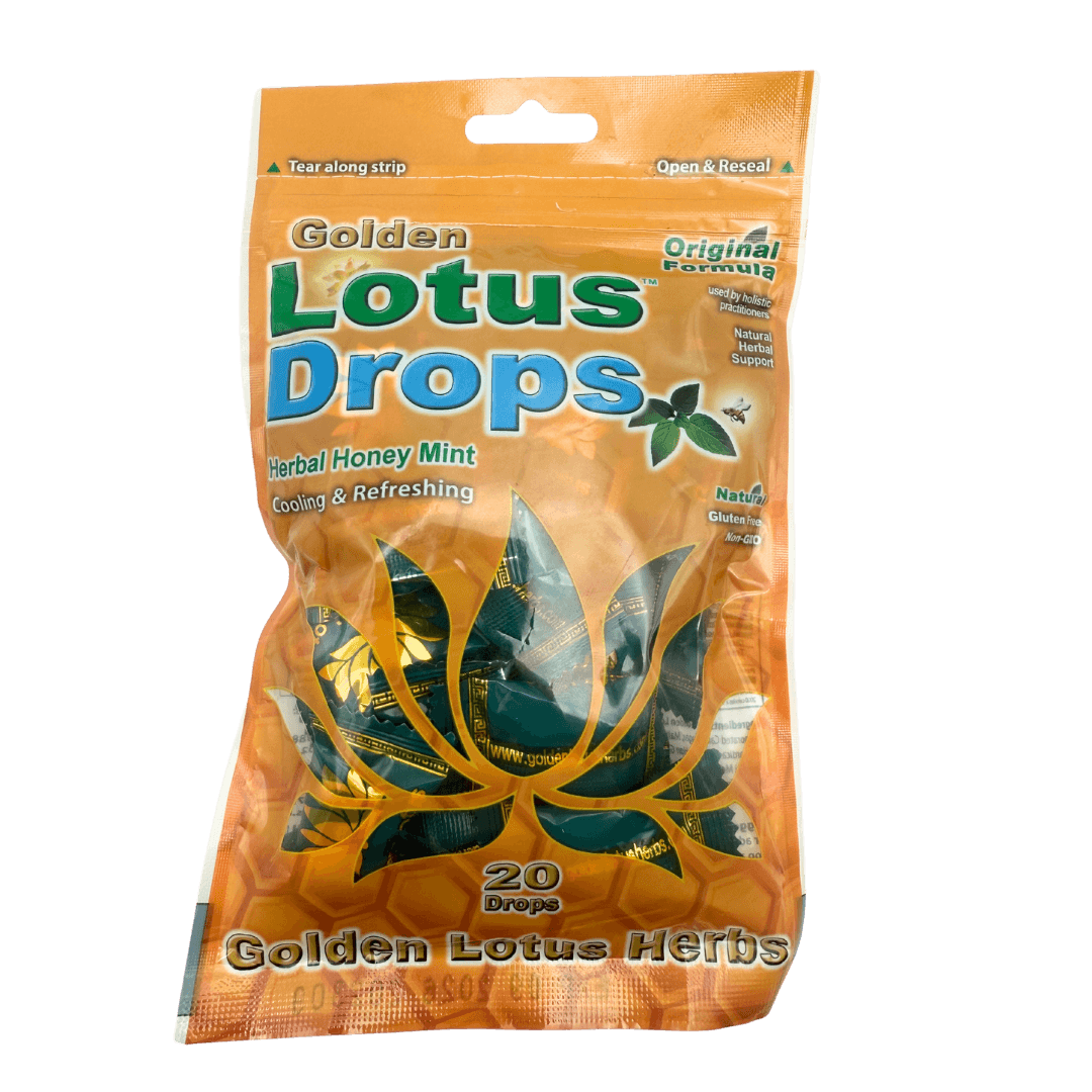 Original Golden Lotus Throat Lozenges crafted with herbal ingredients, including Loquat Leaf and Licorice Root, for soothing sore throat relief and respiratory comfort.