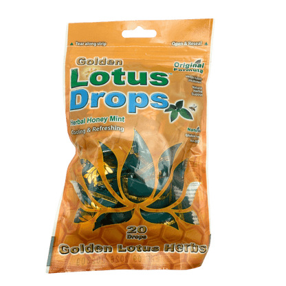 Original Golden Lotus Throat Lozenges crafted with herbal ingredients, including Loquat Leaf and Licorice Root, for soothing sore throat relief and respiratory comfort.